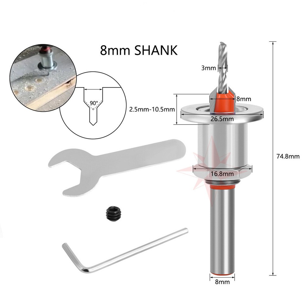 5 PIECE 8mm Adjustable Counterbore Countersink Drills Bits- DEPTH STOP Drill Bit