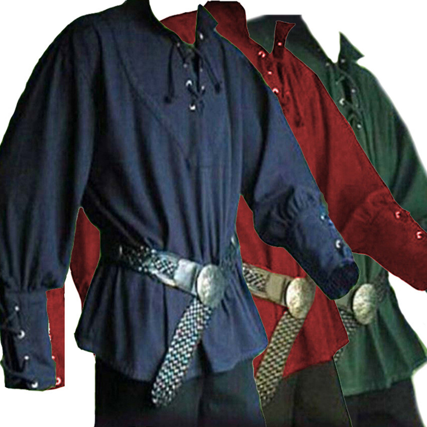 Mens Medieval Renaissance Pirate Shirt 18th Century Long Sleeve T-Shirt Cosplay
