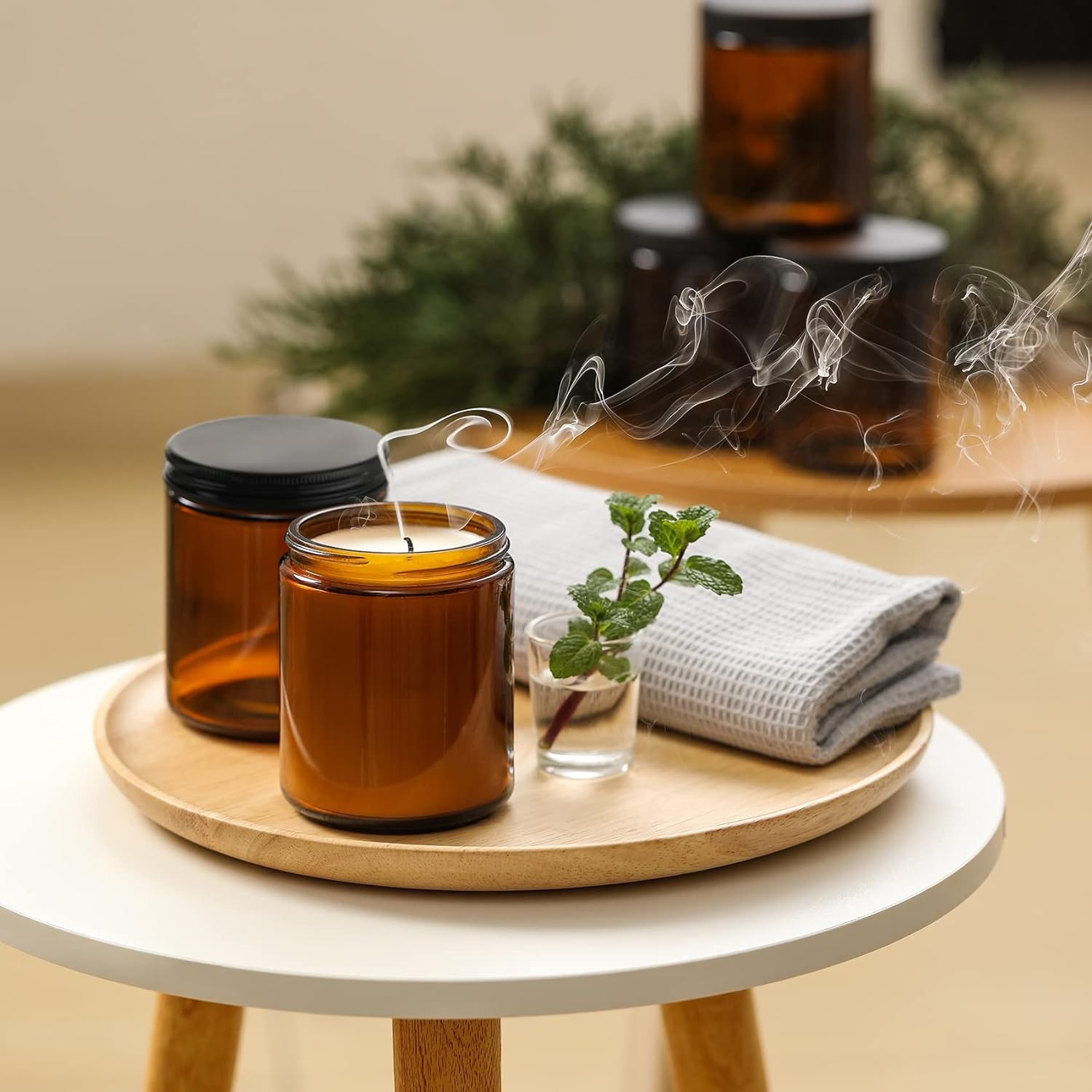 24 Pack, 8 OZ Thick Amber round Glass Jars with Black Metal Lids - Empty Candle