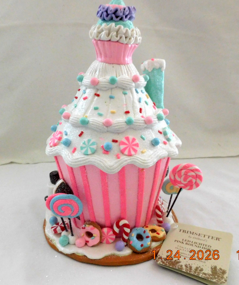 New 2025 Trimsetter Gingerbread Light Up LED "Round Pink House" 9.5"T x 7.5"