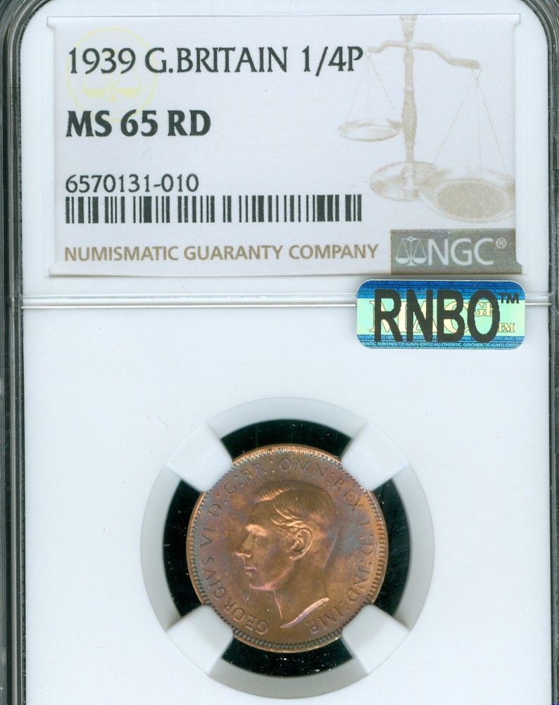 1939 GREAT BRITAIN FARTHING NGC MS65 RD MAC RAINBOW & SPOTLESS *