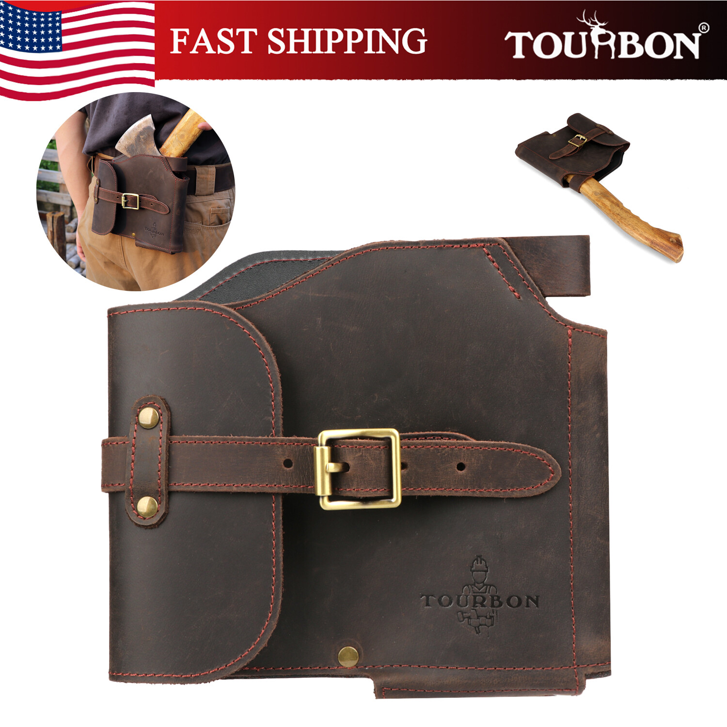 TOURBON Leather Heavy Duty Axe Belt Pouch Loggers Felling Hatchet Head Cover