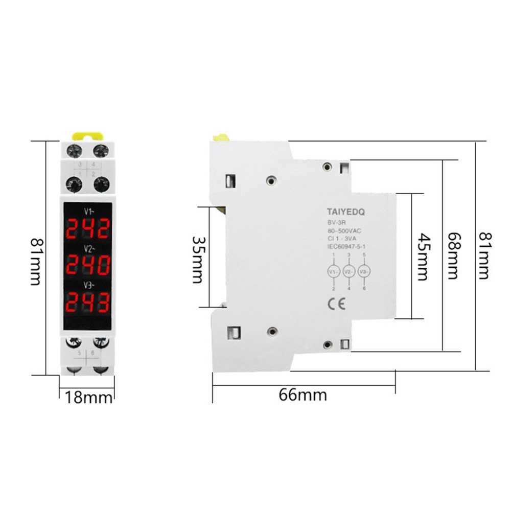 Three Phase Digital Voltmeter BV3R AC 80500V Red Display DIN Rail Meter