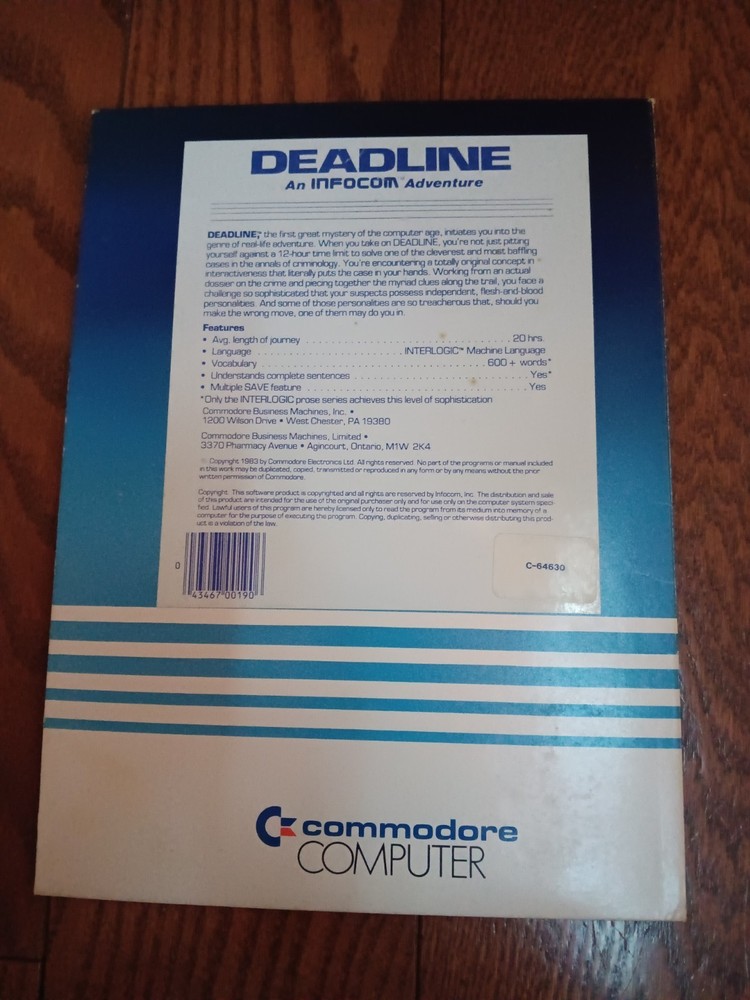 Commodore 64 Deadline Computer Game Software Tested/Works