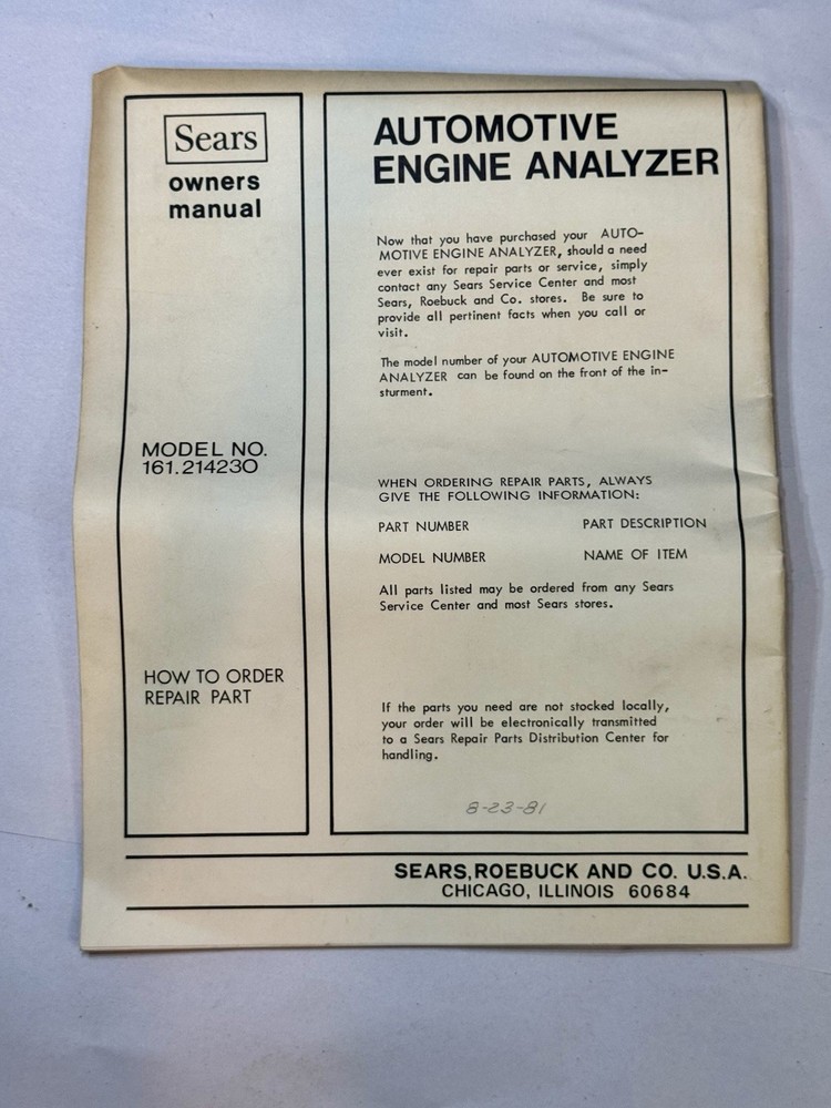 Sears Model 161.214230 Solid State Electronic Engine Analyzer W/ Cables & Manual