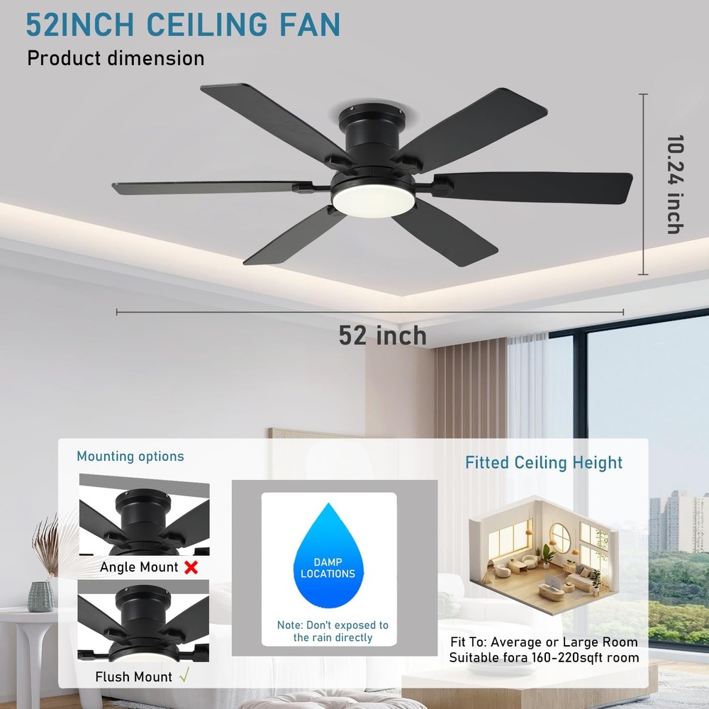 52inch Low Profile Ceiling Fan with Light and Remote/APP Control, LED Dimmabl...