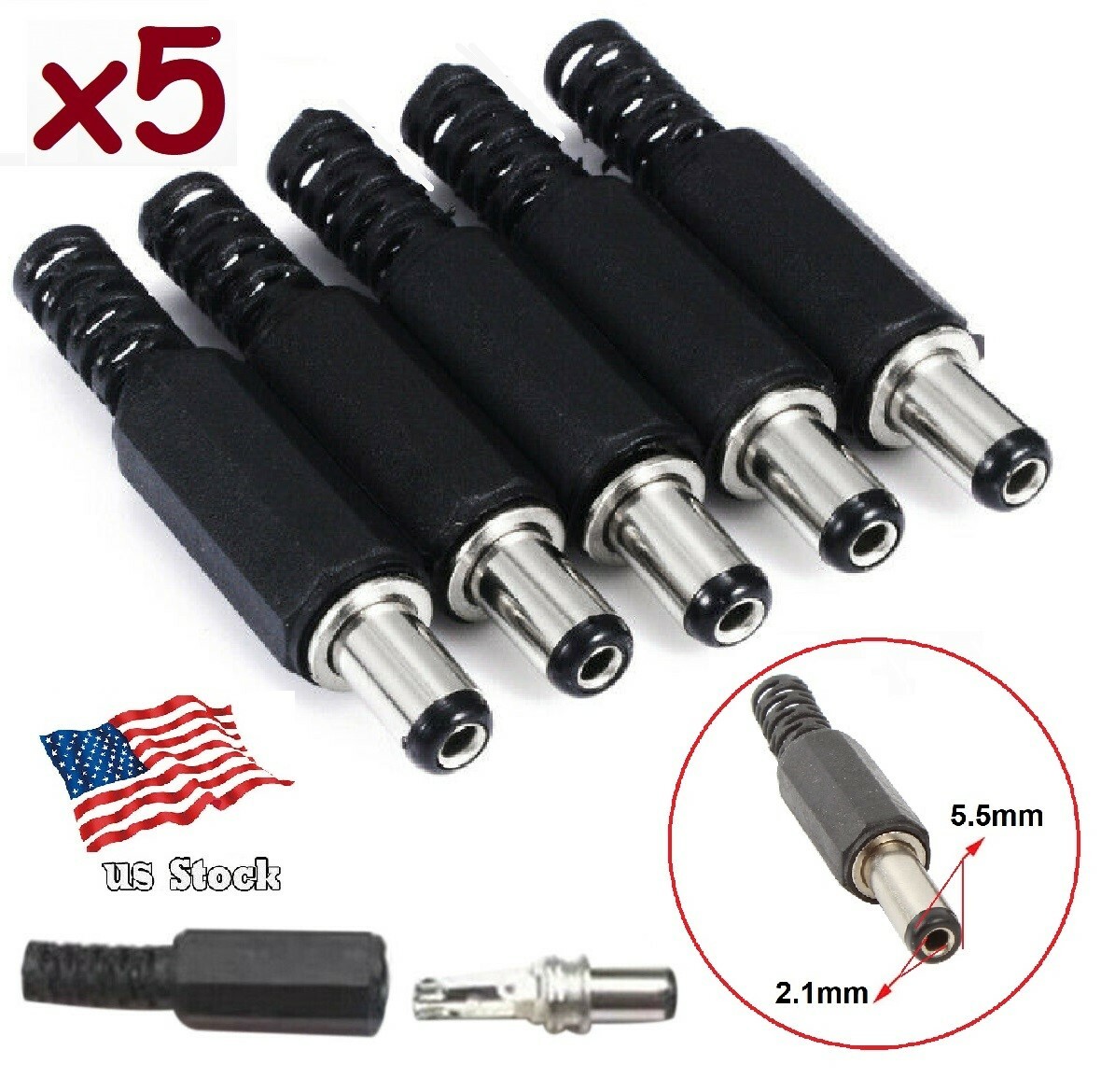 5-Pack 5.5x2.1mm Male Straight Solder DC Power Barrel Tip Plug Connector