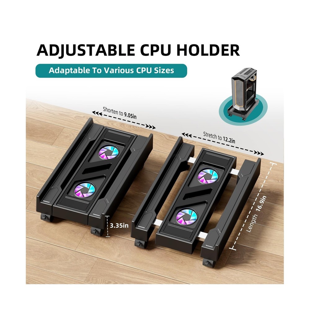 Adjustable Computer Tower Stand with Cooling Fan, Mobile CPU Holder with 4 Ro...