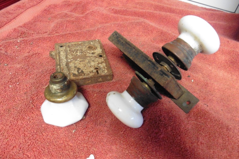 3 Antique Door knobs white marble Brass  Mortise rare octagonal coppers on set