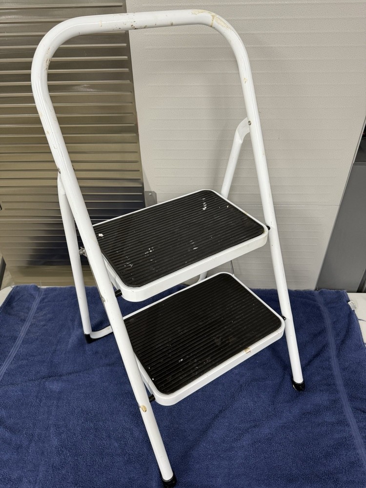 (Cosco Style) White  Step Stool 2 Step Folding Stool White Folds Flat Thin 2.5”