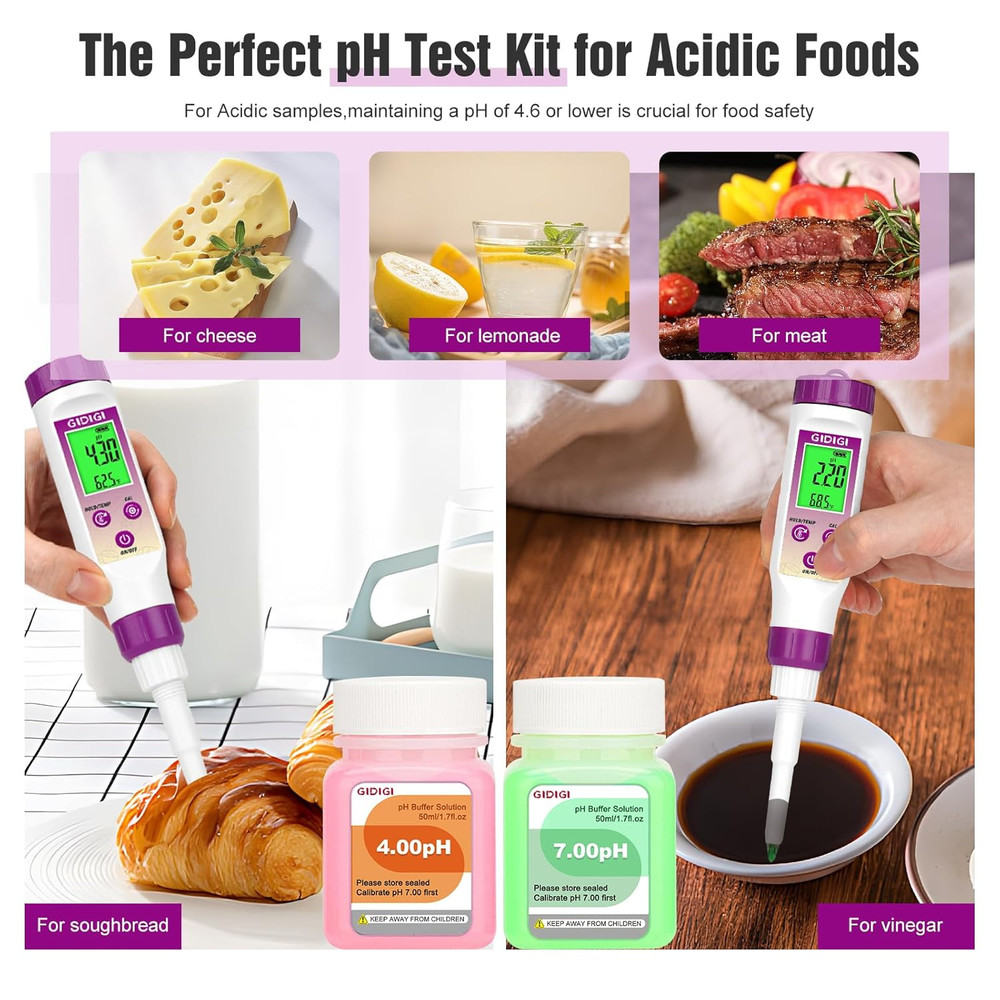 pH Meter Food Digital Electronic pH Tester for Fermentation 3*50ml pH Buffer Cal