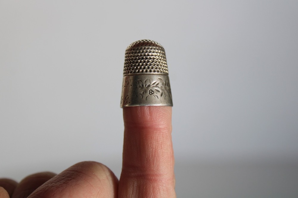 Antique 19th Century Painted Brass Egg Chatelaine Thimble Case w/ (2) Thimbles