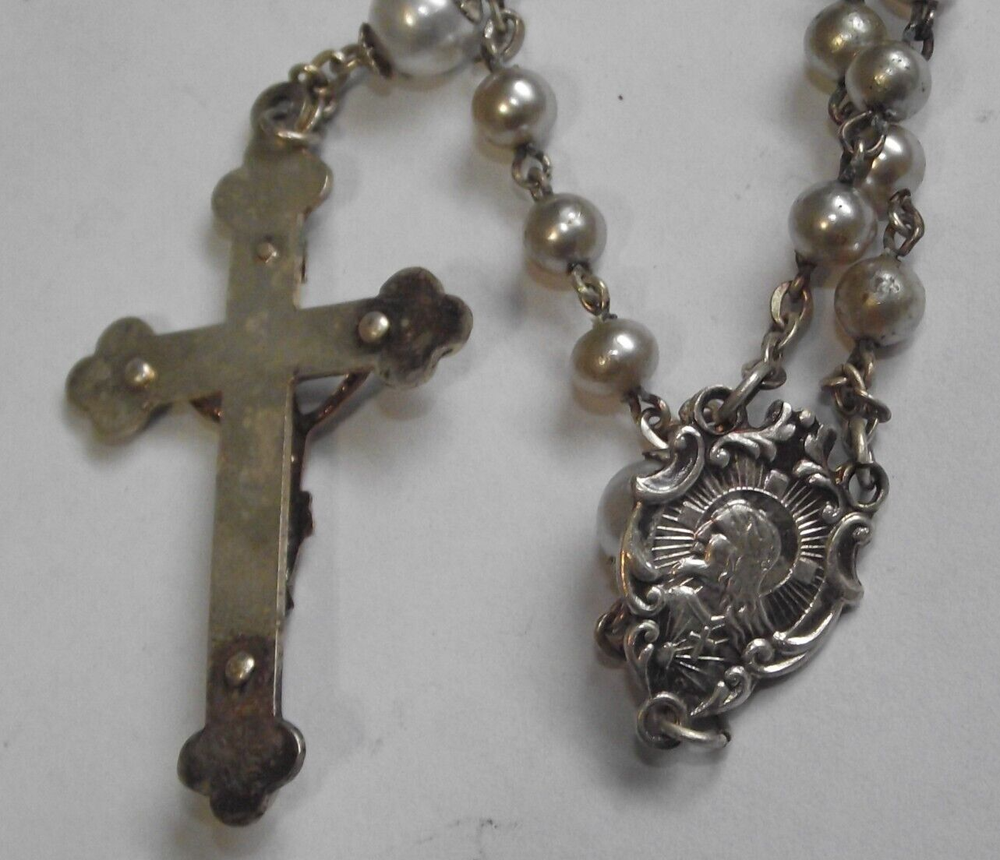 Vtg faux pearl mop bead rosary ornate Virgin Mary SH Jesus medal INRI crucifix