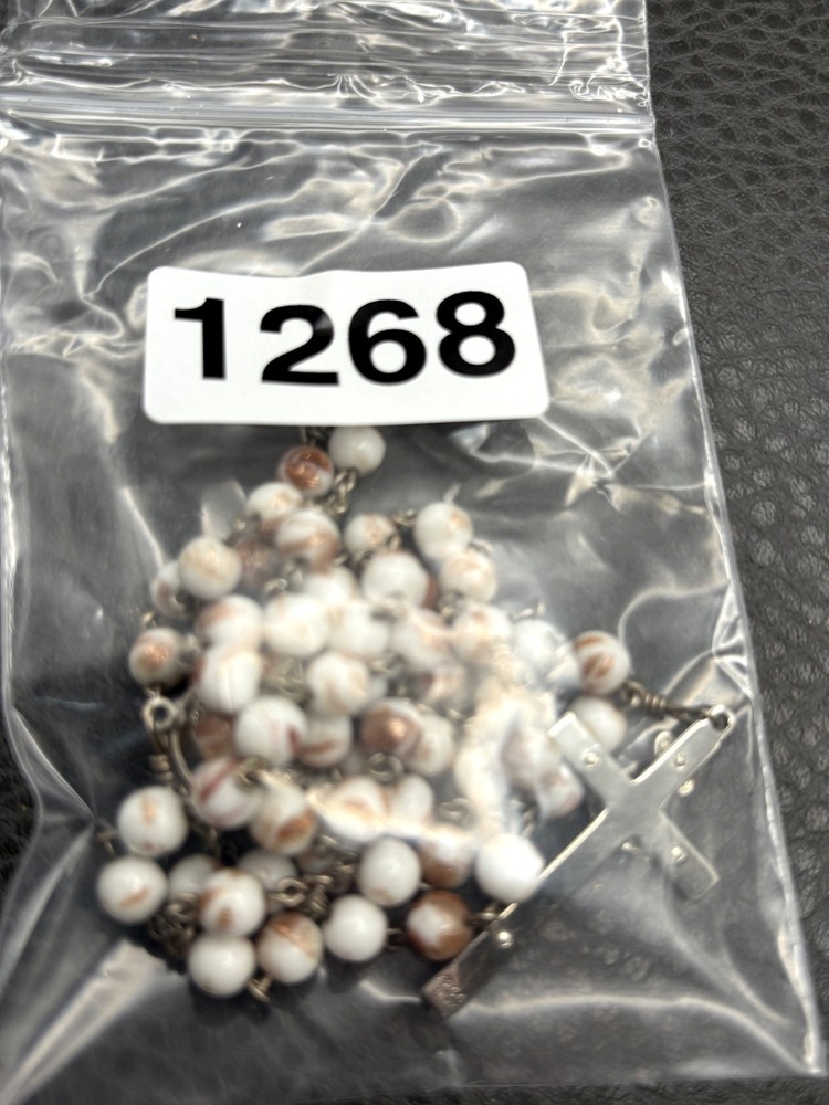 VTG AF Co Sterling Silver White Glitter Glass Catholic Rosary Beads Crucifix