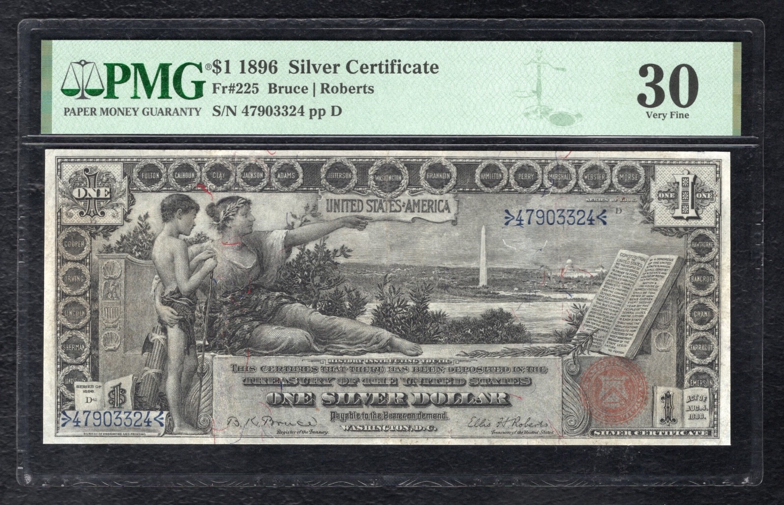 FR. 225 1896 $1 ONE DOLLAR “EDUCATIONAL” SILVER CERTIFICATE NOTE PMG VF-30