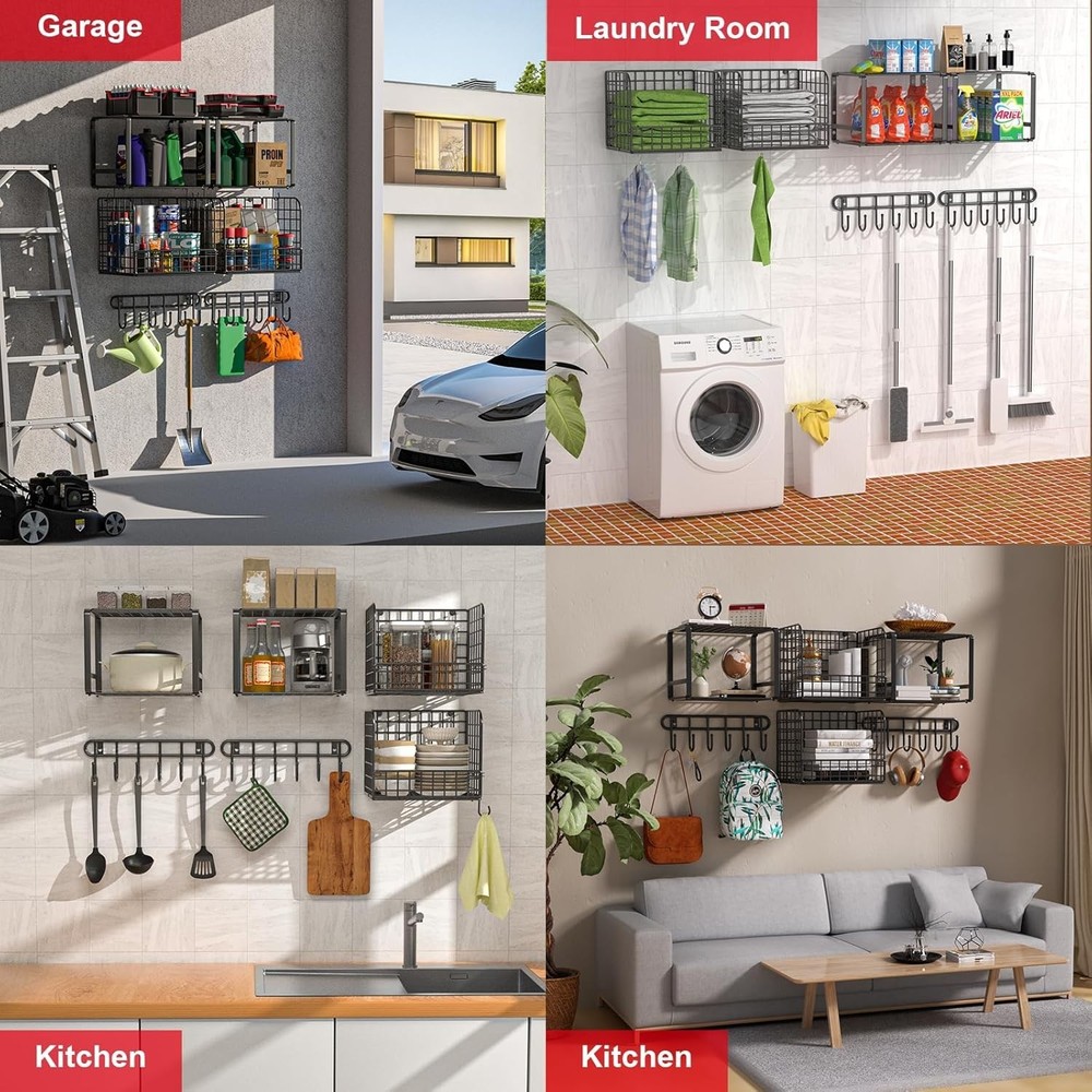 Wall Mounted Garage Storage Shelves with Wire Baskets - Dust Resistant & Durable