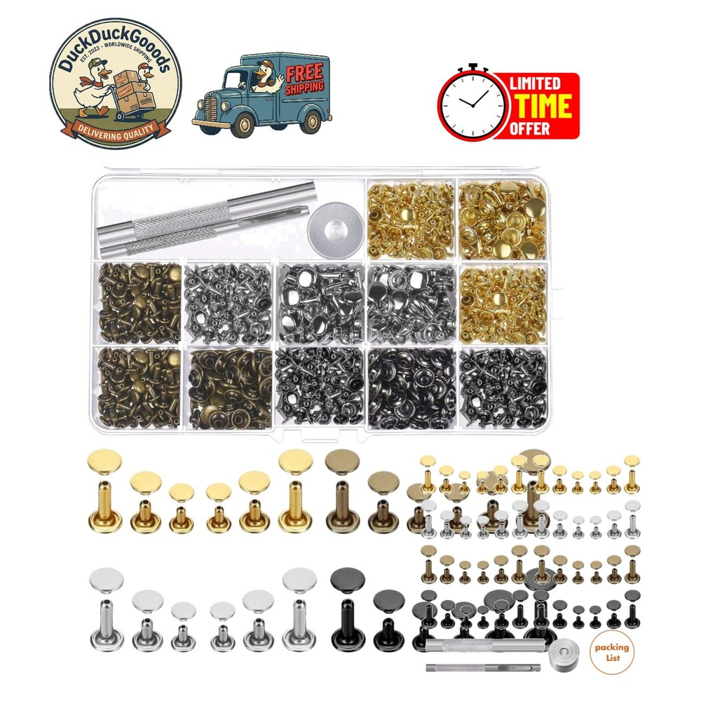 480 Small Double Cap Rivets - 4 Colors & Tool Set for Elegant Leather Crafts