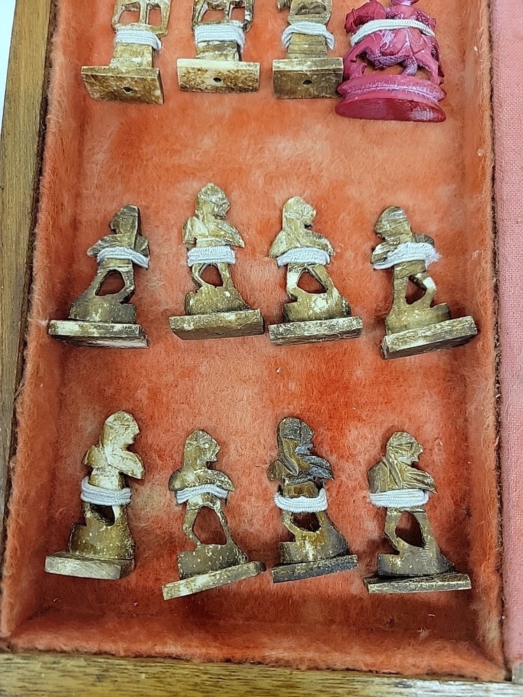 Inlaid Handcarved Bone Chess Set With Board Missing Knight Replaced With Bone