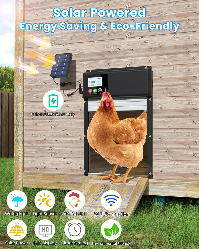 WiFi Remote Control Automatic ChickenCoop Door Opener Solar Powered with Battery
