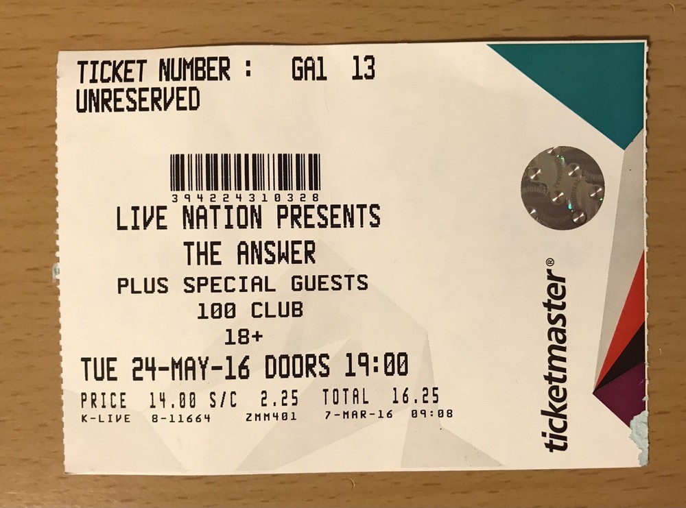 2016 THE ANSWER LONDON UK CONCERT TICKET STUB RISE INTO THE GUTTER REVIVAL