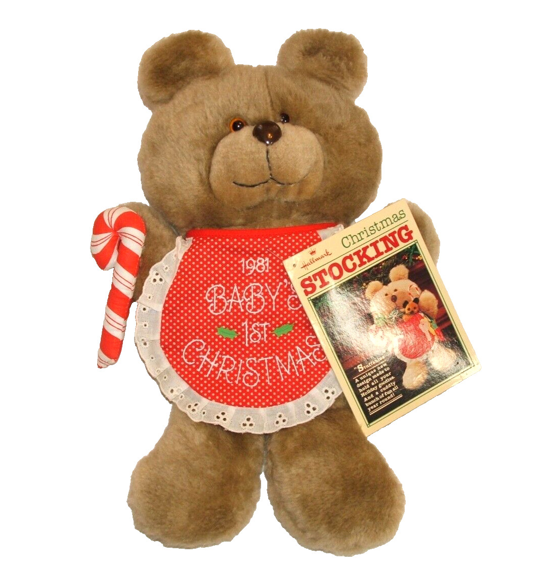Vtg Hallmark Baby's 1st Christmas 1981 Plush Teddy Bear Stocking Bib Candy Cane