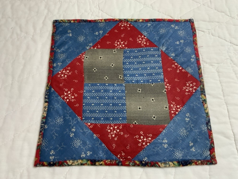 Antique Patchwork Quilt Table Topper, Four Patch W/ Triangles, Early Calicos