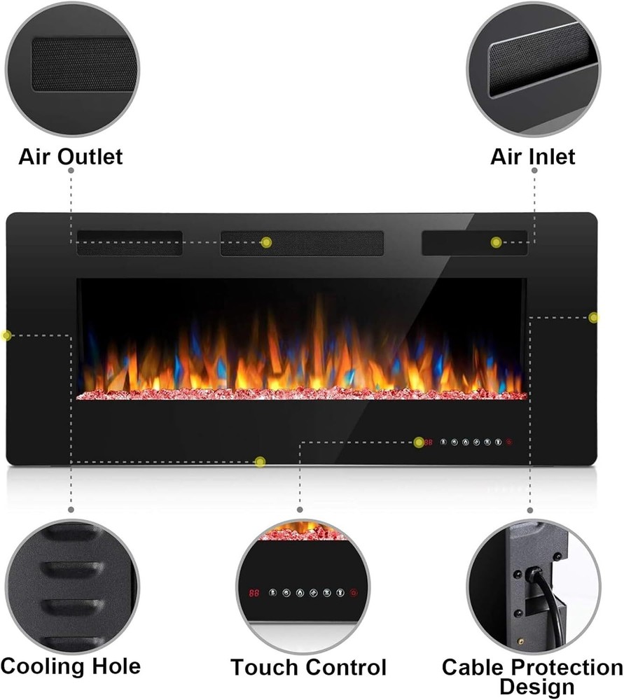 42Inch Electric Fireplace Inserts, in-Wall Recessed &Wall Mounted,Timer,Remote
