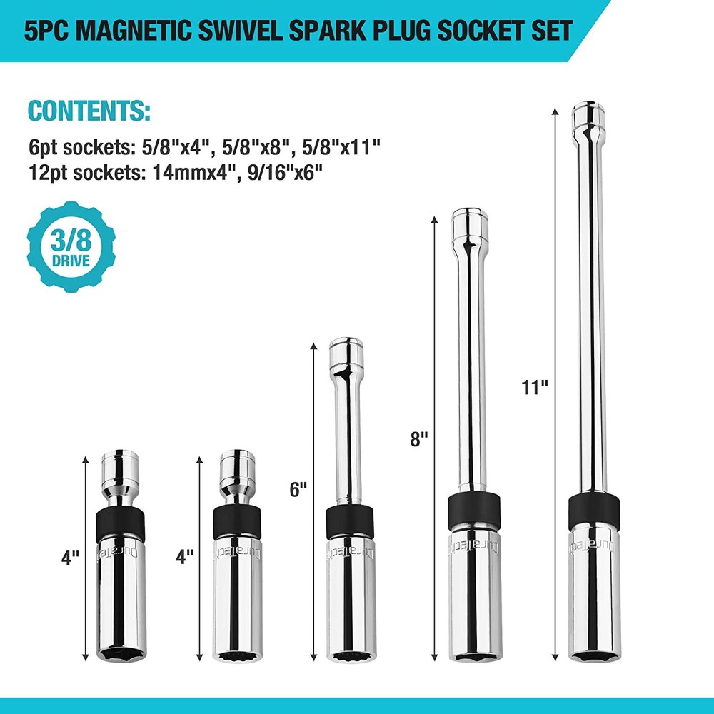 DURATECH 5PIECE Magnetic Swivel Spark Plug Socket Set 5/8" 9/16" Socket 6PT 12PT