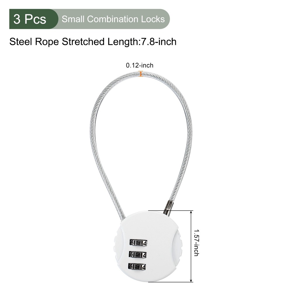 3Pc Small Combination Locks, 3 Digit Baggage Padlocks(White, 7.8-Inch)