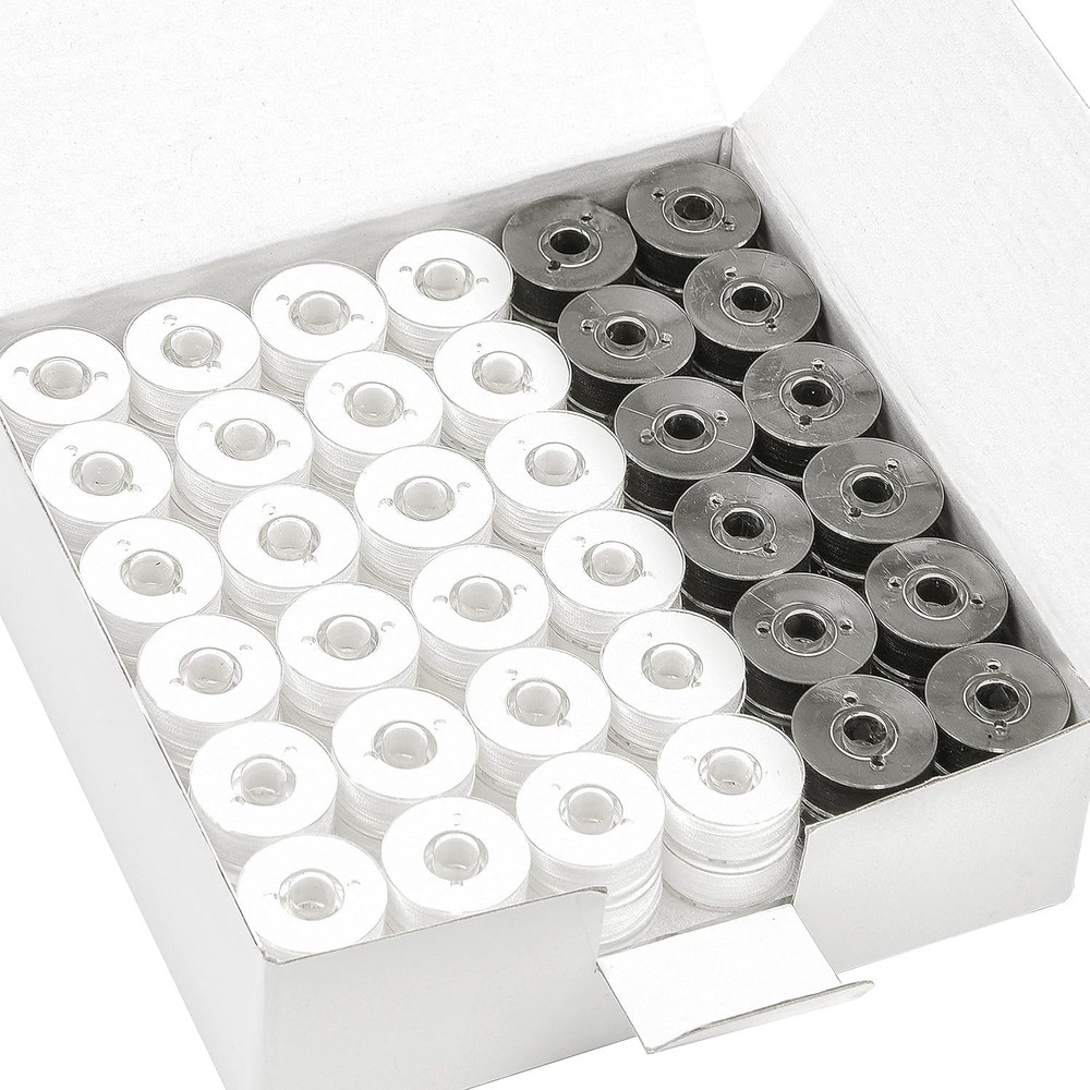 144-Pcs Prewound Type L Bobbin Threads - 96 White + 48 Black - Soft Polyester