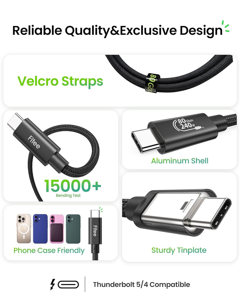 Fitee Thunderbolt 5 Cable 5FT Compatible, 80Gbps USB4 Cable, PD3.1 240W Charging