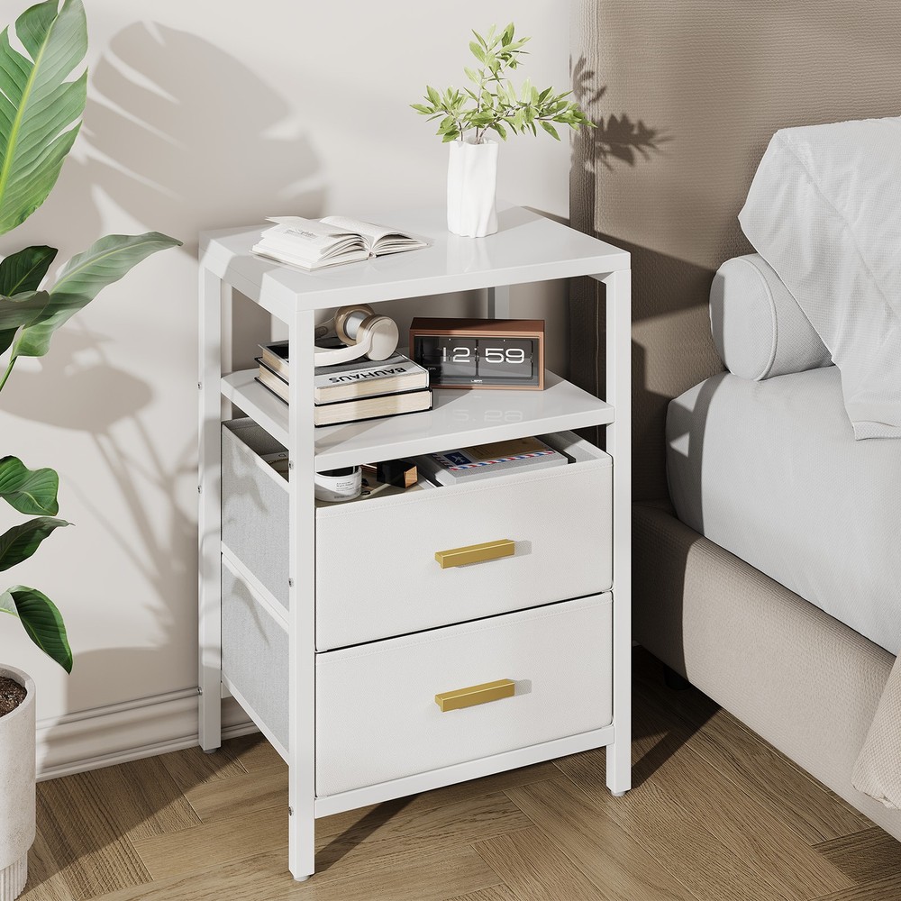 2 pcs Nightstand White Modern Bed Side Table With 2 Fabric Drawers 2 Tier Shelf