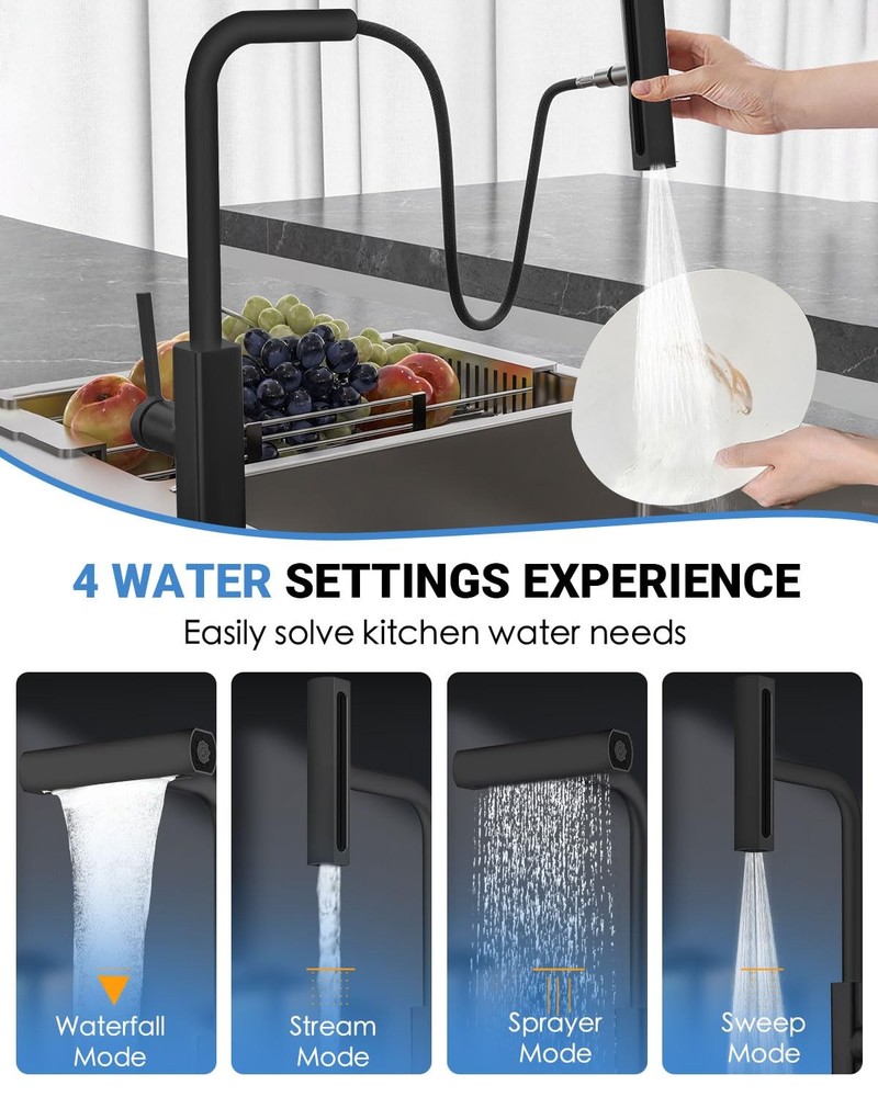 Black Kitchen Faucet with Pull Down Sprayer, Waterfall Pull Out Kitchen Fauce...