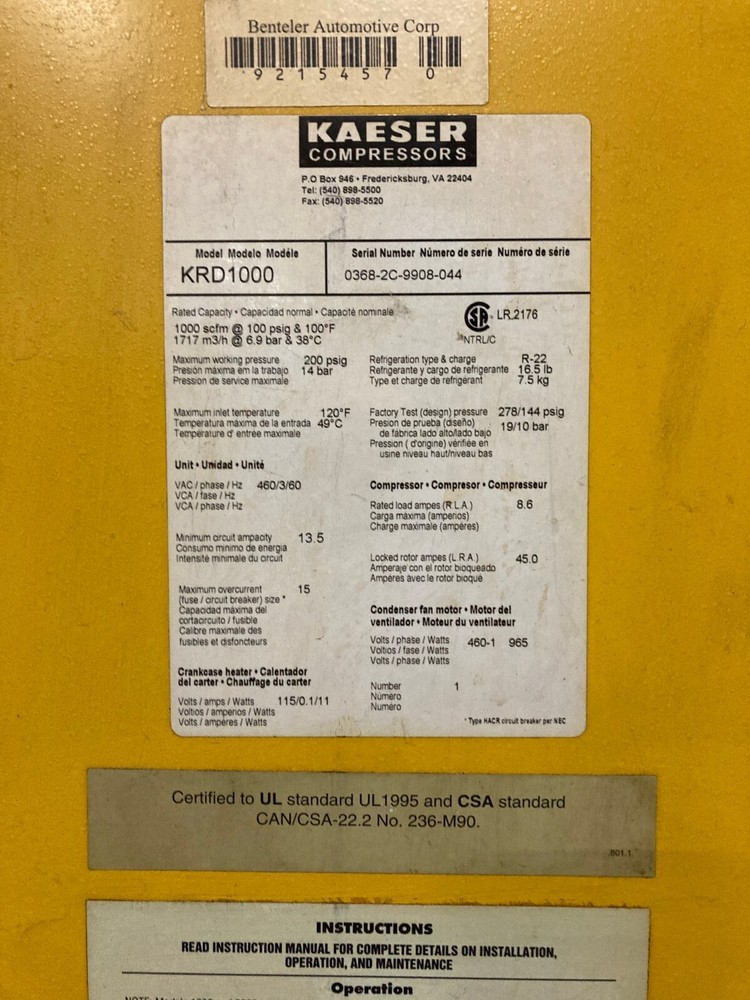 Kaeser 1000 CFM Dryer