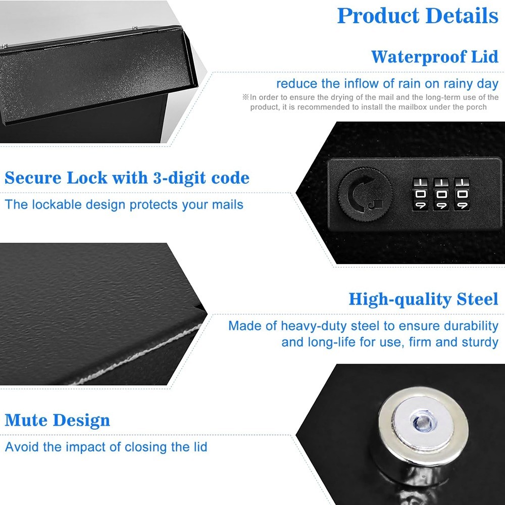 MAIL DELIVERY BOX WITH CODED LOCK WALL MOUNTED SECURITY METAL MAILBOX WITH LID