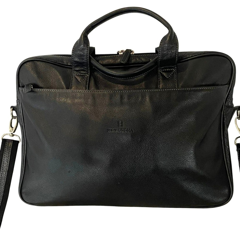 Hexagona Black Leather Briefcase Shoulder Bag Adjustable Straps