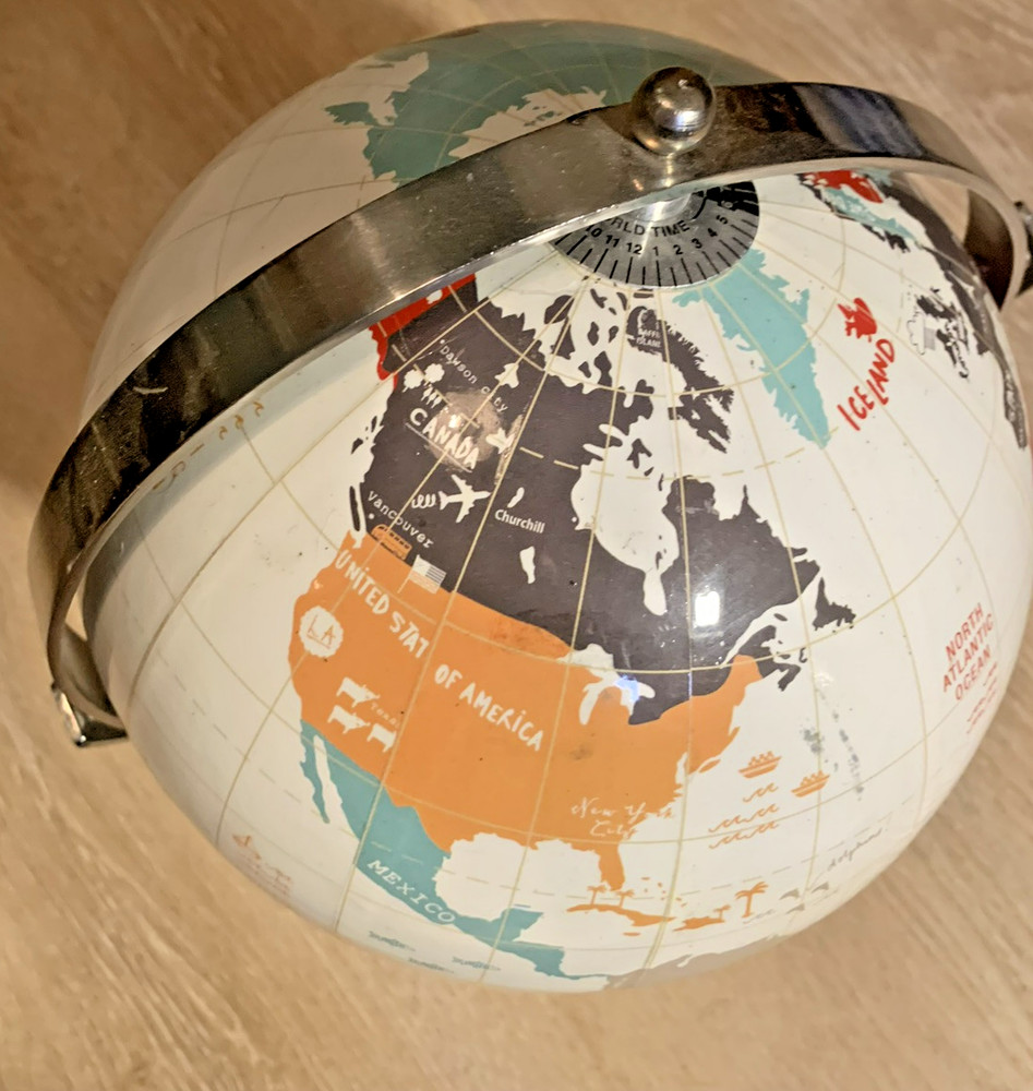World Globe-Rotating White with colored Countries Chrome Base-11 1/2" tall