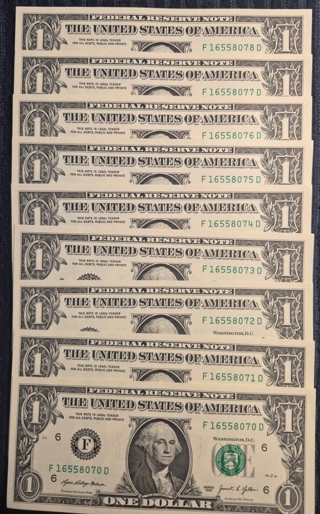 Mint Sequential Serial Numbers with Ink Bleed. Nine  2021  $1 Notes. No creases.