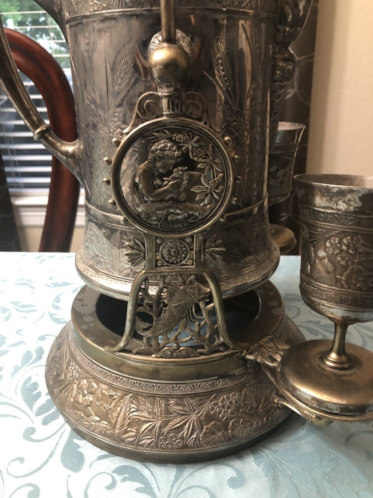 Tilting Water Pitcher, Victorian Antique With 2 Goblets