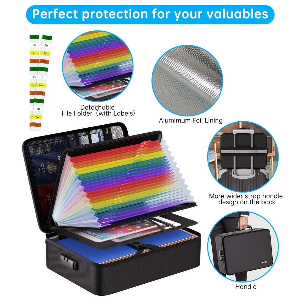 Fireproof Document Box with Lock 5200℉ Soft Case Fireproof Box with 25 Colorf...