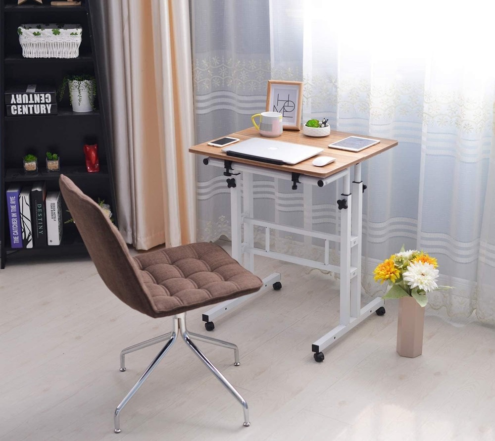 Compact Rolling Computer Desk - Ergonomic Height Adjustable in Vintage Oak