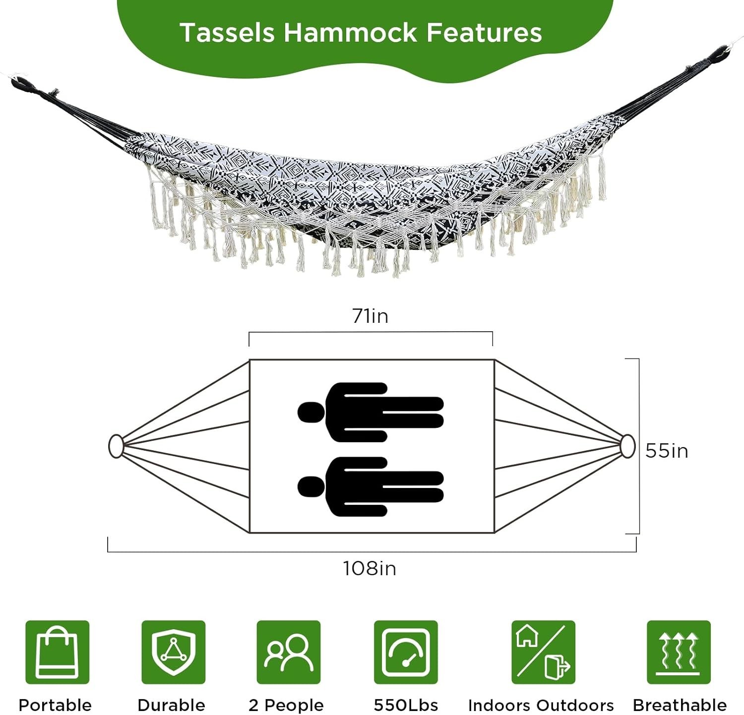 Bohemian Striped Tassel Double Hammock - 100% Cotton, Durable & Easy to Store