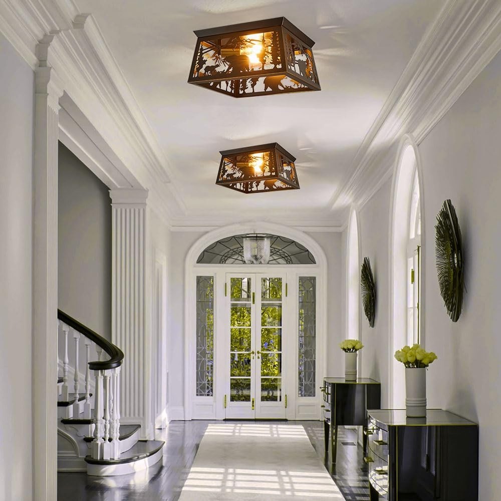 Rustic Light Fixture, 2-Light Farmhouse Flush Mount Ceiling Light Fixture, Me...
