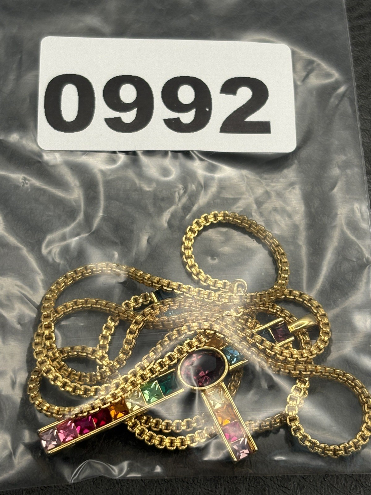 Nolan Miller Signed Gold Tone Chain Necklace PSCO 80s Rhinestone Crystal Cross