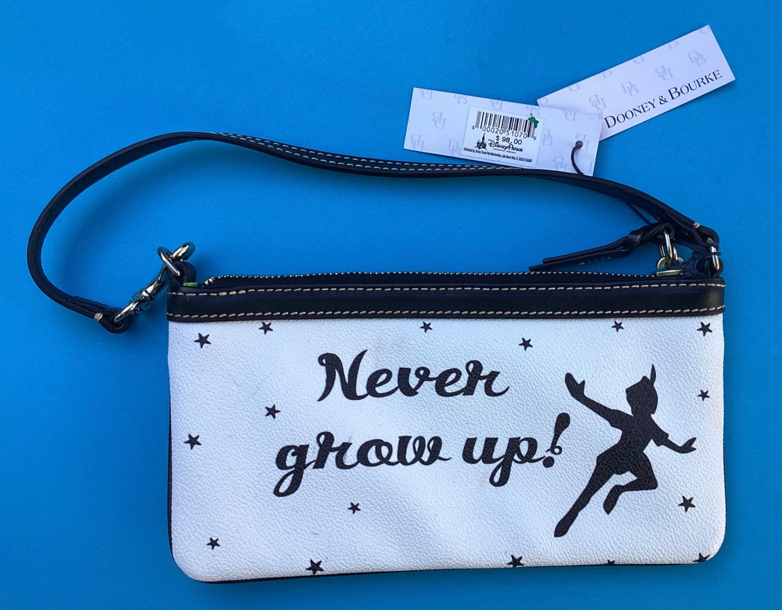 Brand New Dooney & Bourke "Never Grow Up" Disney Peter Pan Wristlet