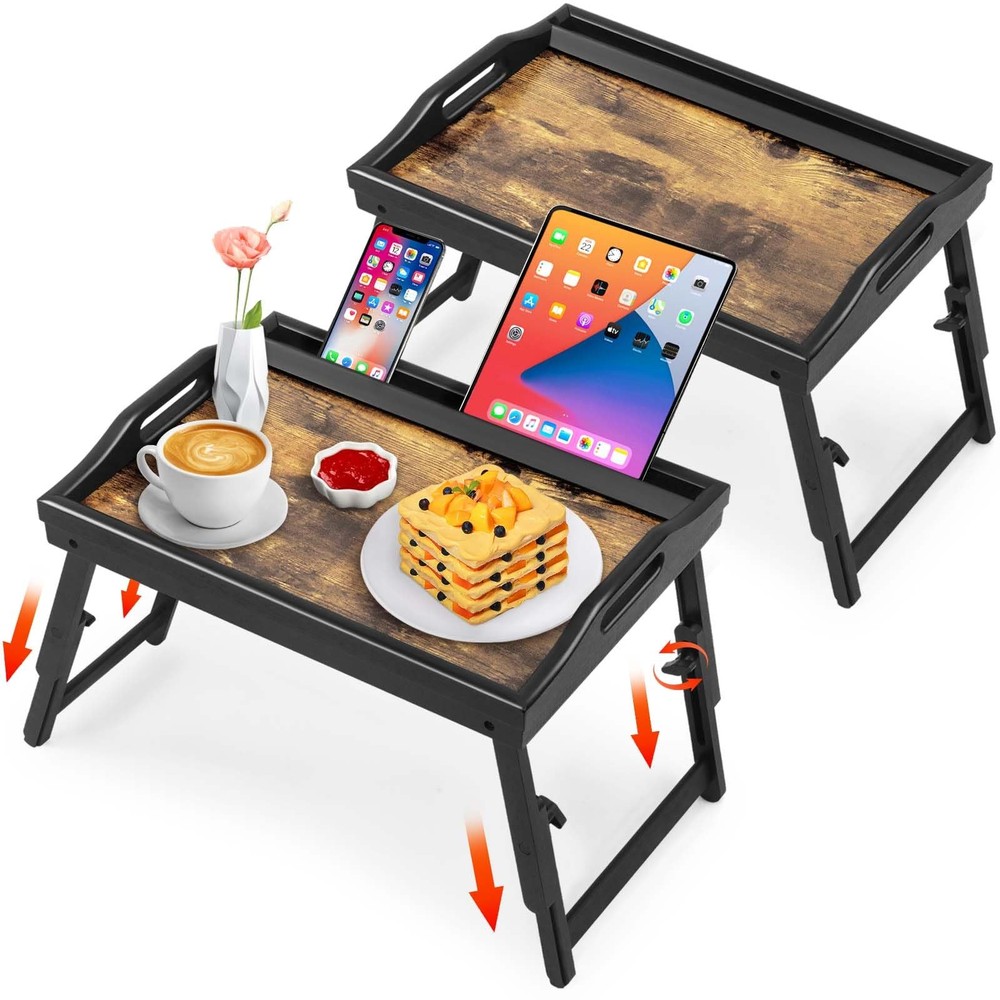 2 Pack Bed Tray Table with Adjustable Legs Breakfast Trays Serving Tray Bambo...