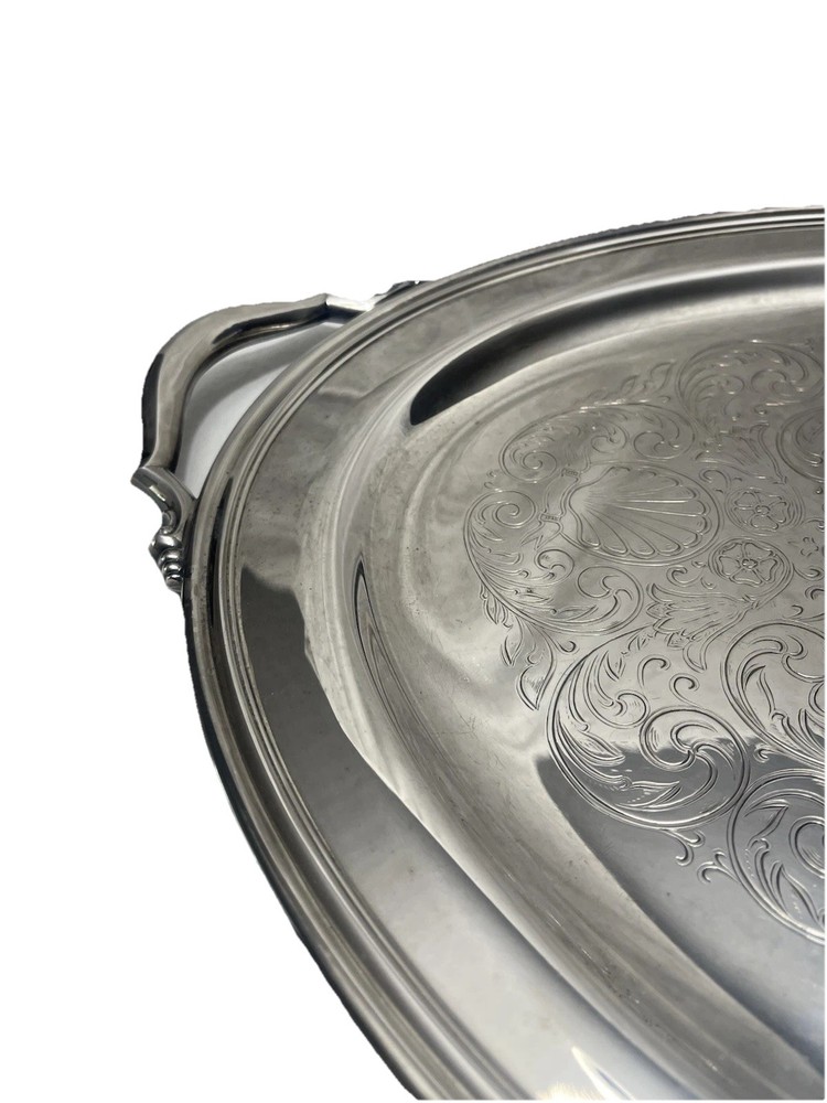 Silverplate Serving Tray Oval Handles Etched Shell Design Large 23”