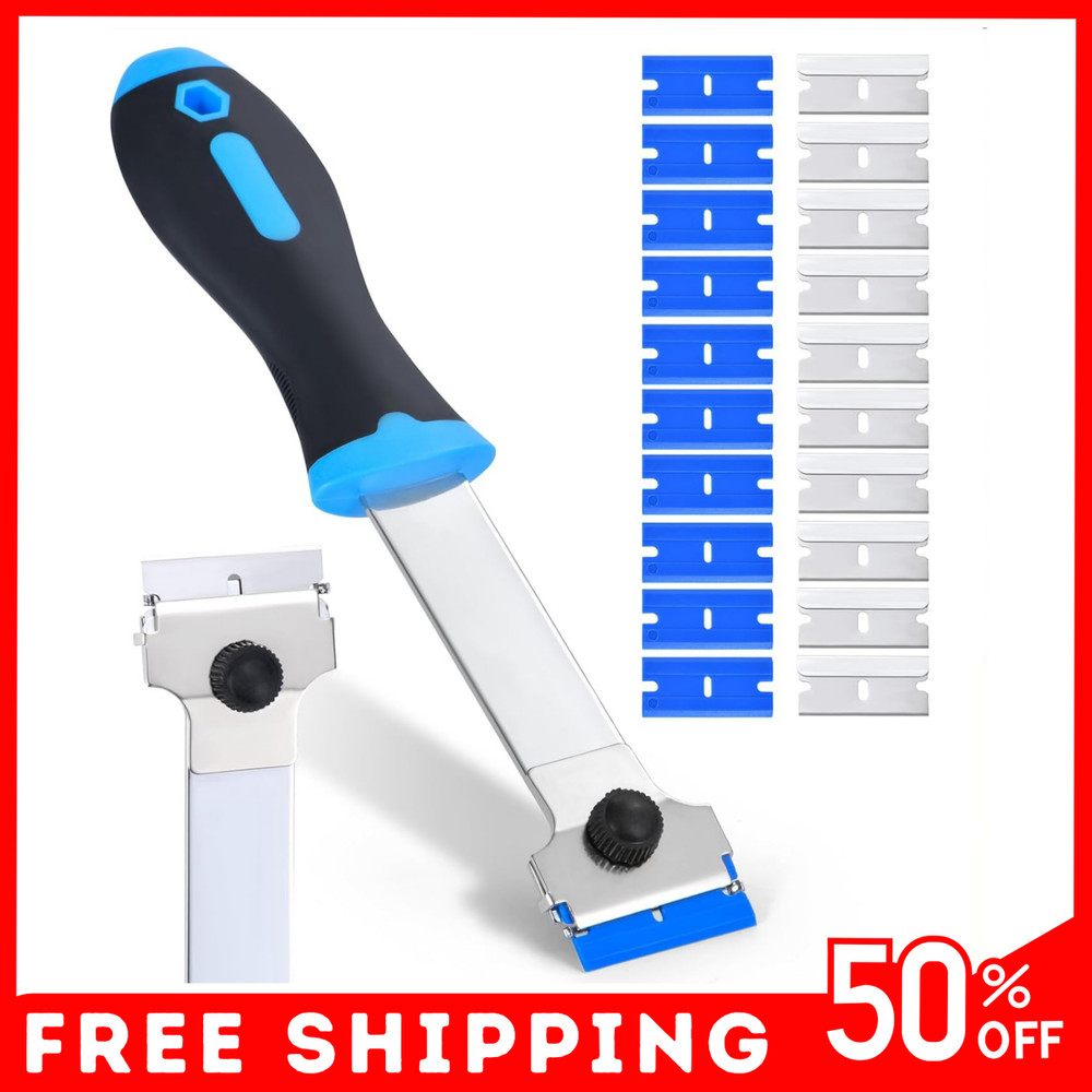 Blade Scraper Tool with 10 Metal & 10 Plastic Replacement Blades, Long Handle US