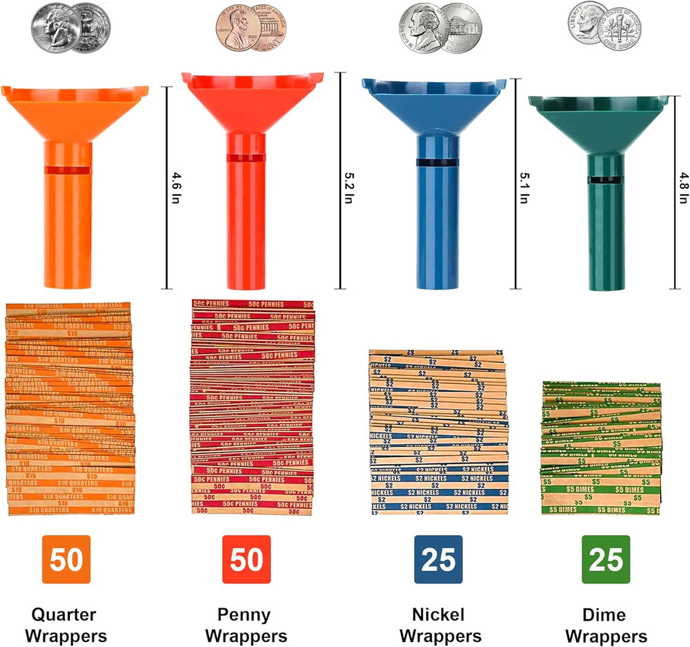 Color-Coded Coin Counting Tube with 150 Assorted