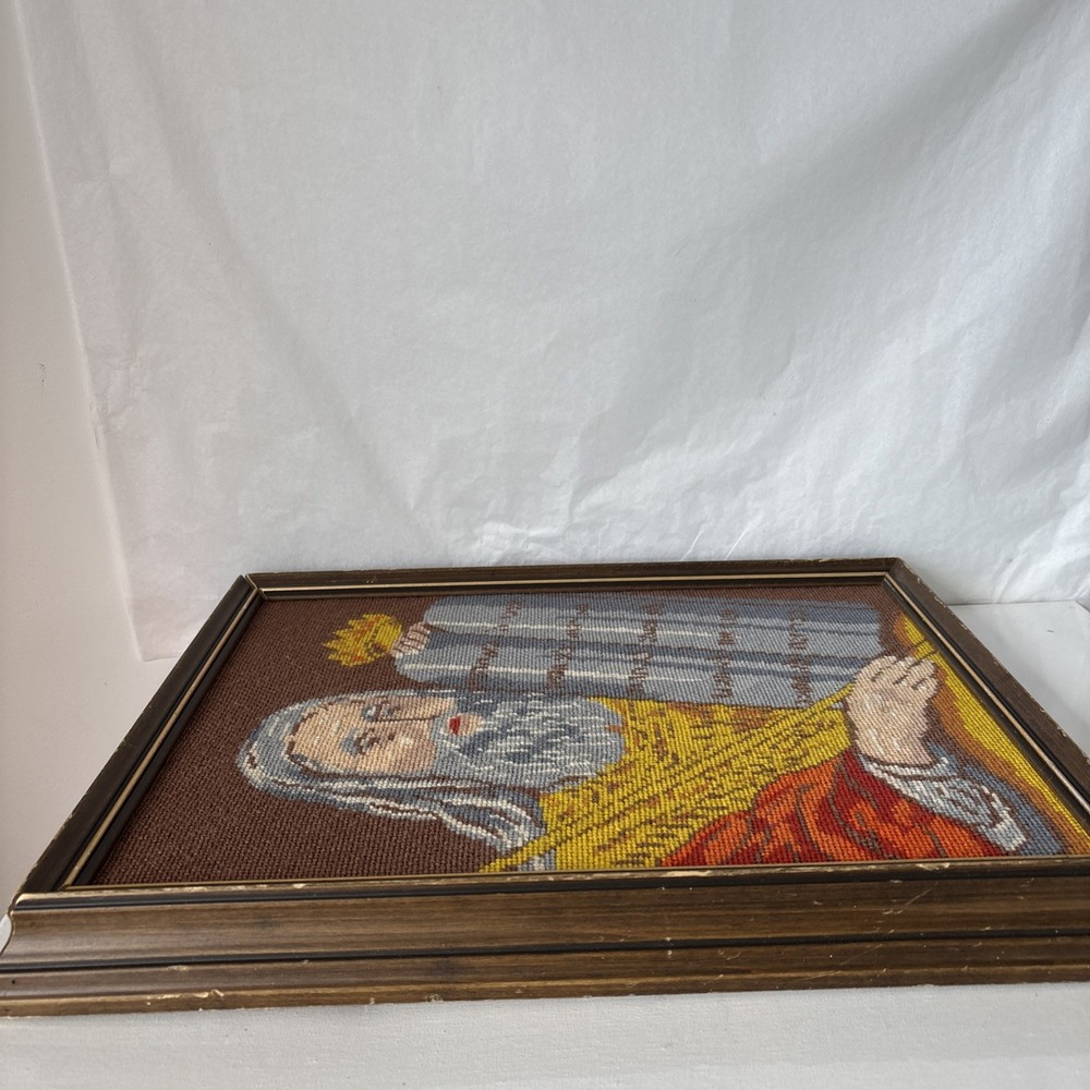 Vintage Framed Needlepoint Moses & 10 Commandments 15x18” Christian